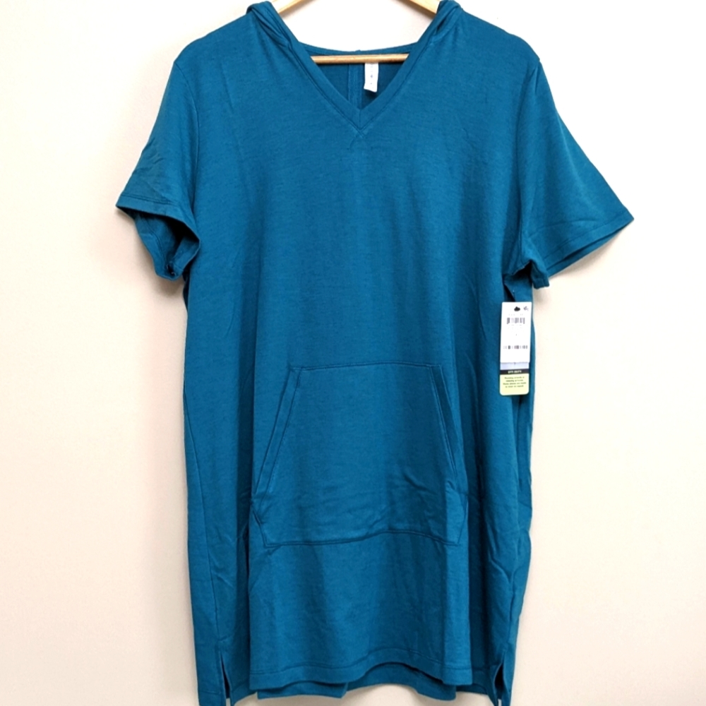 Ideology Jade Teal Blue Hooded Short Sleeve V-Neck Tunic Top Plus Size 1X 2X NWT